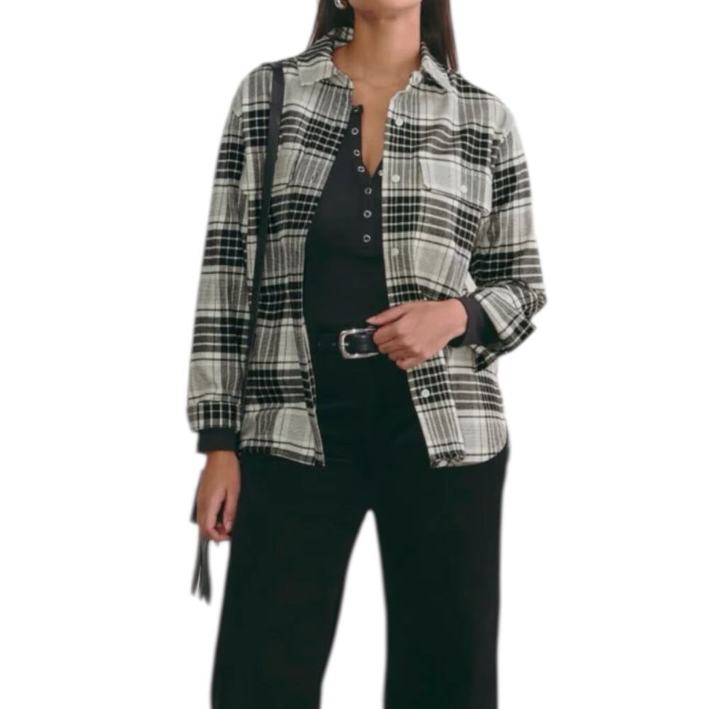 NWT Everlane The Boyfriend Flannel Shirt Black Cream Plaid Women’s Medium
